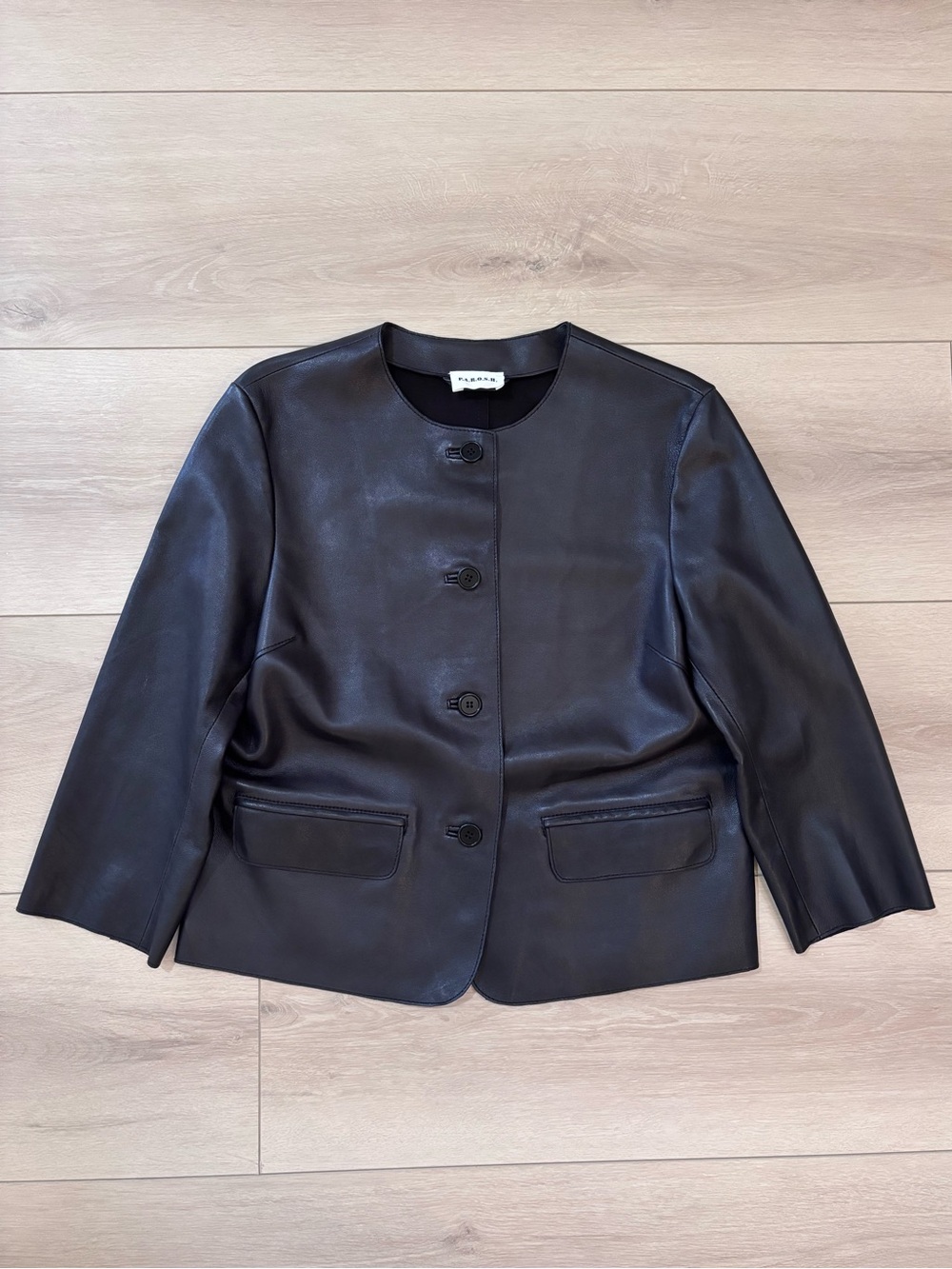 P.A.R.O.S.H. Collarless Button Front Leather Jacket Blazer